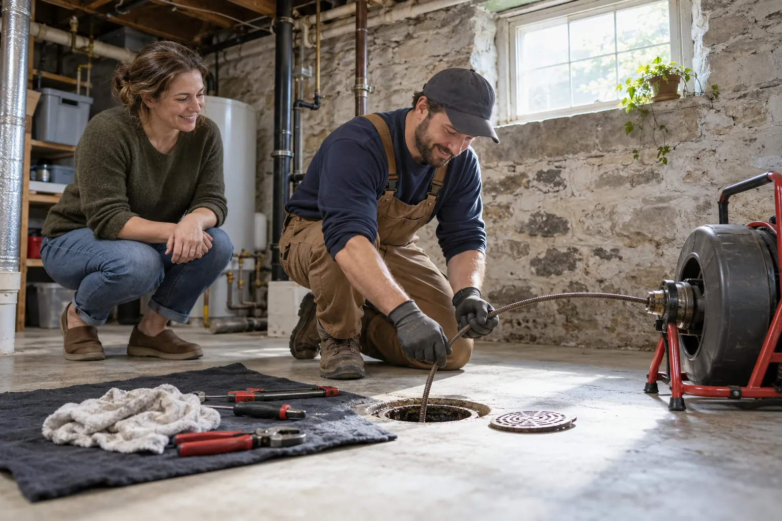 Friendly provider clearing a basement floor drain in a Philadelphia home